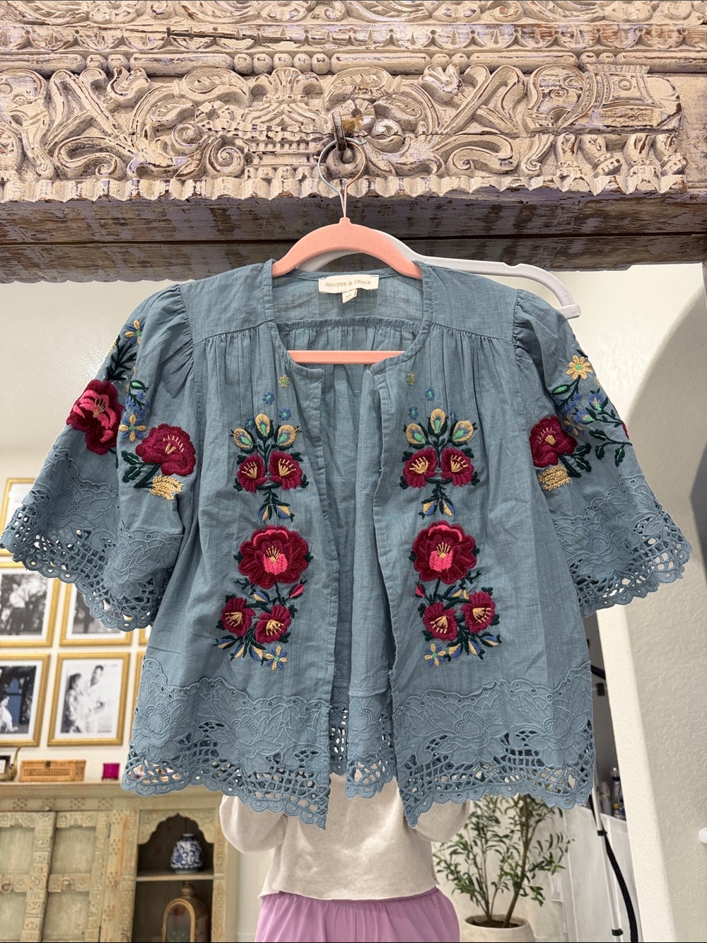 Embroidered Blue Cotton Open-Front Blouse with Floral Motifs